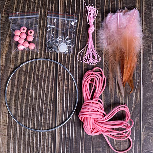 DIY Dream Catcher Beginner Kit, Making Dream Catcher Supplies Include Metal Hoop, Feathers, Faux Suede Cord, Thread, Wood Beads (Pink) - color: Pink