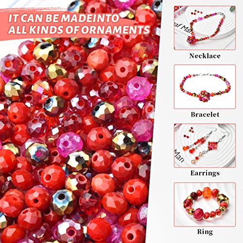 Briolette Faceted Rondelle Crystal Glass Beads for Jewelry Making-Wholesale Mix Lot 4/6/8mm DIY Crafts Spacer Beads with Container Box (Valentine's Day Gift) - color: Red