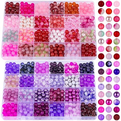 XSEINO About 1200PCS 8mm Glass Beads Bracelet Making Kit，48 Assorted Dreamy Red and Purple Series Colorful Crystal Beads for Bracelet and Jewelry Making and DIY Crafts,Friendship Bracelets - color: 2Box Red&Purple Glass Beads