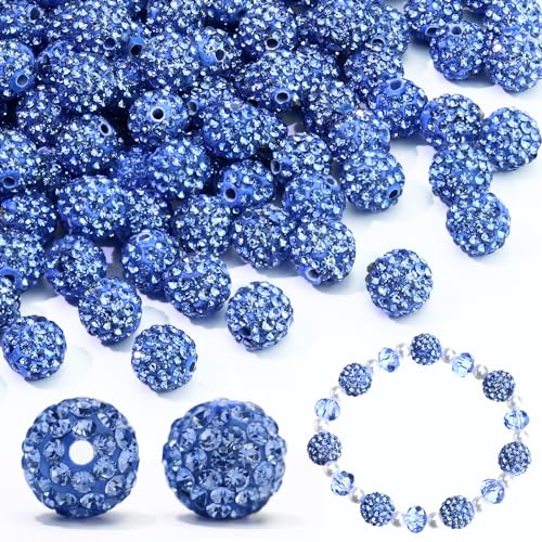 Dowarm 110PCS 10MM Rhinestone Beads for Jewelry Making, Round Polymer Rhinestone Clay Beads for Crafts Bracelet Baseball Necklace Beaded Pen, Fancy Shamballa Bead, Light Blue - color: 12-Light Blue, size: 10MM