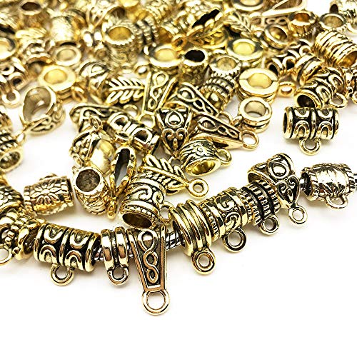 100g (About 125pcs) Antique Gold Bail Tube Spacer Bead Hanger Fit Charm European Bracelet Charms Pendant Bails for Jewelry Making and Crafting (M376) - color: Antique Gold