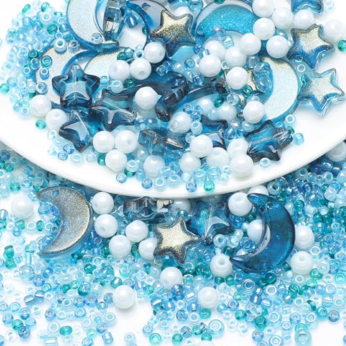Mixed Star Moon Crystal Glass Beads Seedbeads Loose Round Pearl Beads for Jewelry Making Craft Bracelets Necklaces Earrings DIY Crafts Projects Sky Blue Glass Spacer Bead Kits for Crafts - color: Sky Blue