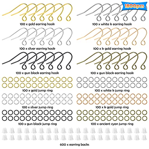 1800Pcs 6 Colors Earring Hooks Set for Jewelry Making,French Hook Earrings Findings Hypoallergenic Ear Wires Fish Hooks with Jump Rings and Earring Backs for DIY Earrings Making Supplies Kit - color: 1800Pcs Gold,Silver,K Gold,White K,Ancient Cyan,Gun Bla