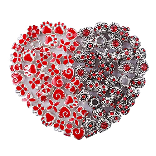 60 Pieces Assorted European Beads with Plating Silver Metal Alloy Rhinestone Large Hole Spacer Beads for DIY Charm Bracelet Jewelry Making (Red) - color: Red