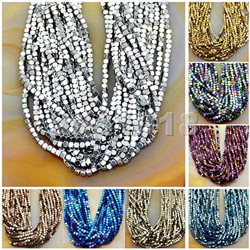 AD Beads Natural Hematite Gemstone Faceted Square Cube Loose Beads 16" 2x2mm 4x4mm (2x2mm, Metallic Gold) - color: Metallic Gold, size: 2x2mm