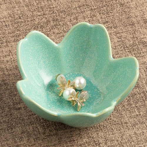 Floral Ceramic Jewelry Tray - 3.5" Elegant Ring Holder Dish & Trinket Bowl for Vanity Dresser Decor (cyan) - color: cyan