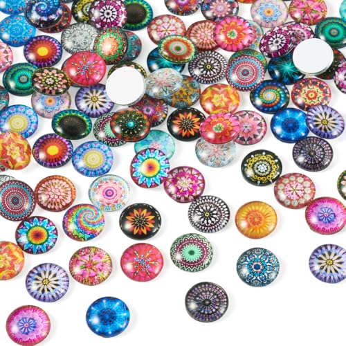 100Pcs/Set Flat Round Transparent Glass Cabochons with Pattern Eye Flatback Glass Dome Flatback Cab Beads for Photo Cameo Jewelry Making Necklace Ring DIY Crafts 12x4mm Random Kaleidoscope - color: 100Pcs-12x4mm-Random Kaleidoscope