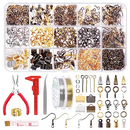 Swpeet 1468Pcs Jewelry Making Supplies Kit with Jewelry Making Tools, 2 Colors Jewelry Wires and Jewelry Pliers, 40 Styles Jewelry Findings, with Plastic Caliper, Thimble Ring, Awl Tweezers Scissors - size: 5a
