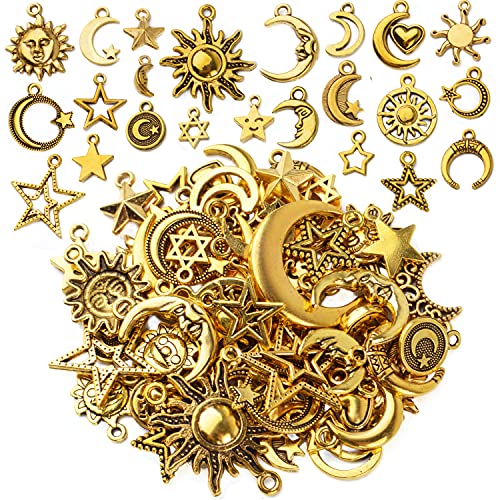 BronaGrand Celestial Pendant Charms,Sun Moon Star Cloud Charms Lightning Bolt Charms Jewelry Charms for Necklace Earrings Bracelet Jewelry - color: Gold/50g