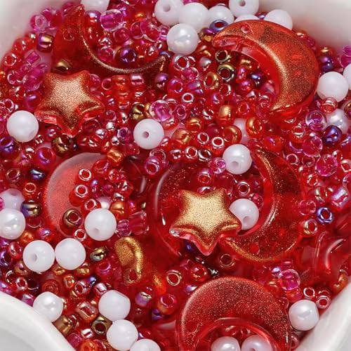 Mixed Star Moon Crystal Glass Beads Seedbeads Loose Round Pearl Beads for Jewelry Making Craft Bracelets Necklaces Earrings DIY Crafts Projects Red Glass Spacer Bead Kits for Crafts - color: Red