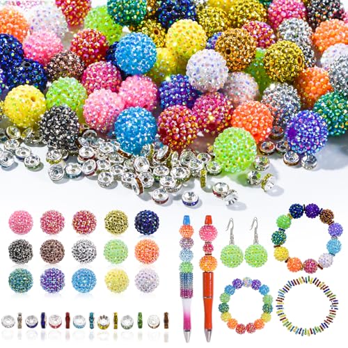 20mm Beads for Pens - 20 Pcs Rhinestone Beads and 220 Pcs Spacer Bead for Beadable Pens - Glitter Acrylic Bubblegum Round Bling Focal Bead for Bracelets - Beaded Pen Supplies (Colorful) - color: A-Multicolor, size: 20mm