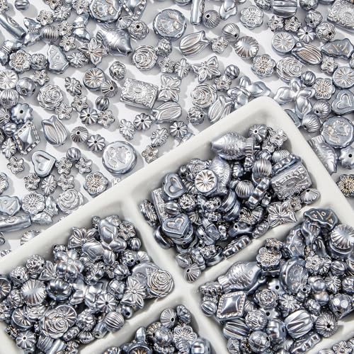 200g Vintage Acrylic Beads 240-320pcs Assorted Aesthetic Bead Bulk Color Flower Leaf Acrylic Beads for Keychain Bracelets Jewelry Making DIY Plastic Crafts(Grey Pearl) - color: grey pearl