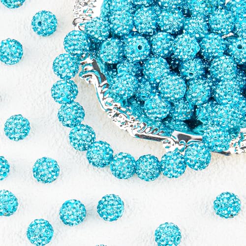 100Pcs 10mm Aquamarine Rhinestone Beads for Jewelry Making, Shiny Round Disco Ball Sparkly Beads Bulk with 10-Grid Storage Box for DIY Baseball Necklaces Shamballa Bracelets - color: Lake Blue