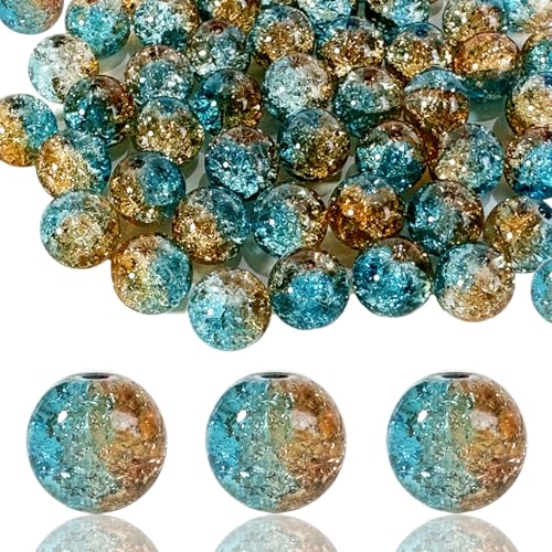 100Pcs 10mm Crackle Glass Beads for Jewelry Making - Round Spacer Crystal Beads Bulk, DIY Craft Supplies for Necklace Bracelet Earrings (Brown Blue) - color: Brown Blue