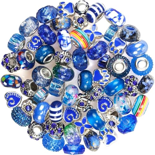 60 Pieces Assorted European Beads with Copper Core Big Hole Resin Spacer No Copper Core Lampwork Colorful Beads Rhinestone Craft Beads for DIY Charm Bracelet Jewelry Making (Dark Blue) - color: Dark Blue
