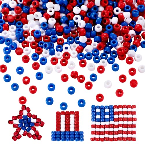 WILLBOND 1200 Pieces 4th of July Patriotic Pony Beads for Jewelry Making DIY Crafts (Red, Blue, White)