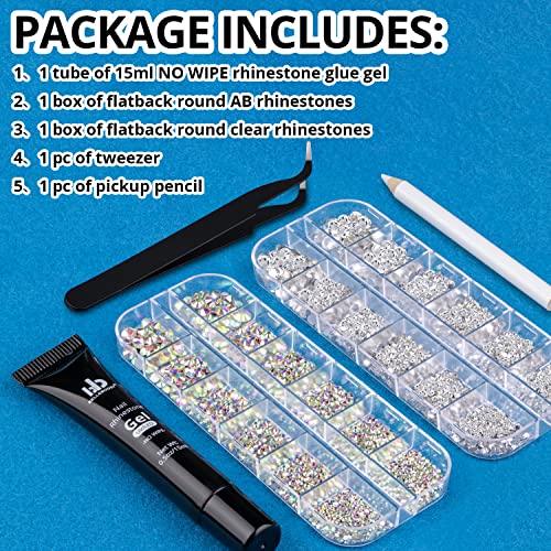 BELLEBOOST Nail Art Rhinestone Glue Gel&2 Boxes Flatback Gems Kit, 1 Tube of 15ml Rhinestone Gel Glue(UV/LED Needed)+Crystal AB Gems+Flat-Back Round Glass Clear Gemstones with Pickup Tools - color: A04-AB+ Clear