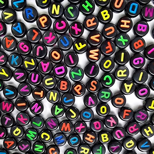 Amaney 1000pcs Alphabet Beads 4x7mm Round Letter Beads Black Acrylic with Colorful Letter for Jewelry Making - color: Black&colorful