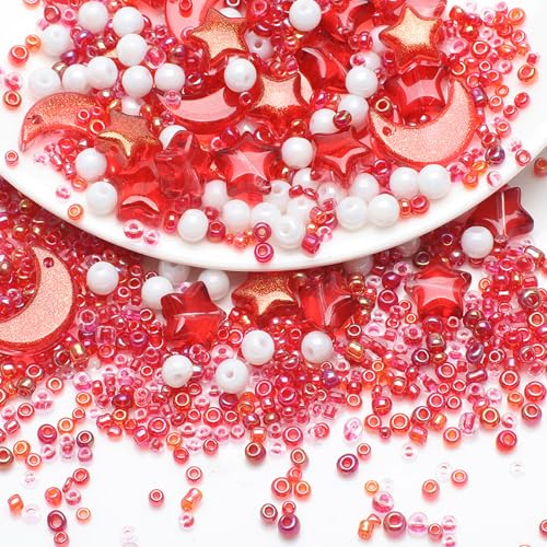 Mixed Star Moon Crystal Glass Beads Seedbeads Loose Round Pearl Beads for Jewelry Making Craft Bracelets Necklaces Earrings DIY Crafts Projects Red Glass Spacer Bead Kits for Crafts - color: Red
