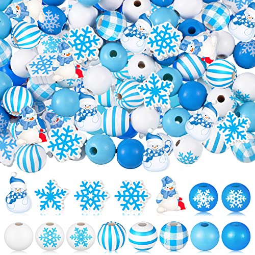 Bencailor 200 Pcs Winter Wooden Beads Winter Snowflake Craft Beads 16 mm 20 mm Snowman Wood Craft Buffalo Plaid Round Loose Spacer for DIY Garland Home Decor - color: Winter Style