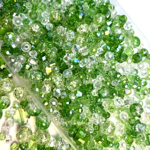 1000pcs Green Glass Beads for Jewelry Making - Assorted Size and Styles (Bicone, Rondelle, Suquare, Four-Leaf Clover, Crackle Round) Craft Crystal Beads for Bracelet Necklace Earring with 1 Box