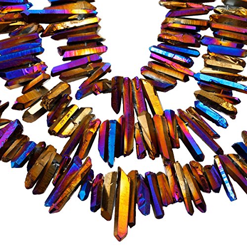 rockcloud Natural Rock Crystal Points Titanium Coated Clear Quartz Sticks Spikes Top Drilled 15 inch Strand,Purple - color: #24-Purple(Small)