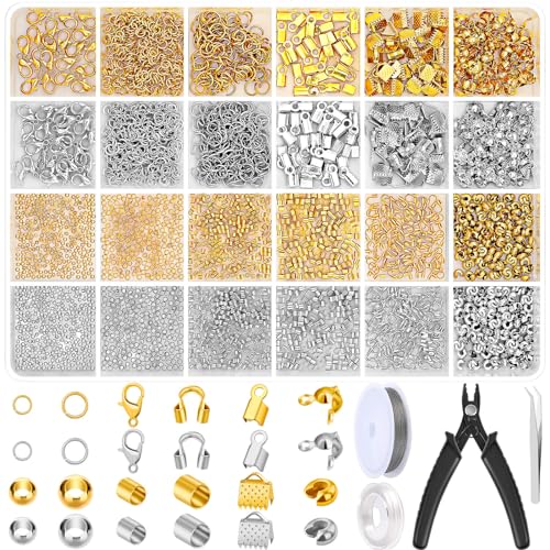 2384Pcs Crimp Beads Supplies for Jewelry Making, Including Crimp Bead Covers, Crimp Tubes, Bracelet Clasps and Closures, Crimp Ends, Jump Rings, Crimping Pliers and Beading Wire for Bracelets Making