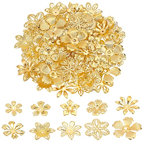 PandaHall 200pcs Flower Bead Cap, 10 Styles Bead End Caps Filigree Spacer Beads Caps Metal End Charm Tibetan Caps for DIY Earrings Bracekets Necklace Jewelry Craft Making, Golden - color: Golden