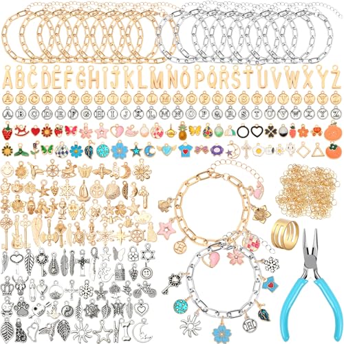 SANNIX 486Pcs Charm Bracelet Making Kit, Including 16 Bangles 228 Charms 240 Jump Rings and Pliers Tools for Crafts, Gold Silver Charm Chain for DIY Bracelet Making Supplies