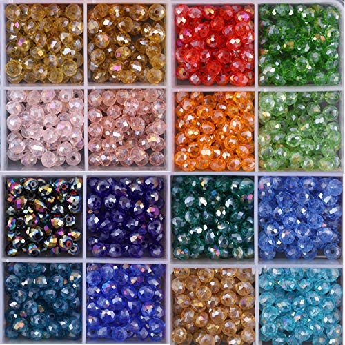 1200Pcs Faceted Rondelle Beads, Messar 6mm Crystal Glass Beads AB Color Plated Bicone Faceted Glass Beads for Bracelet Necklace Jewelry Making Set DIY Craft Projects (24 Mixed Colors)