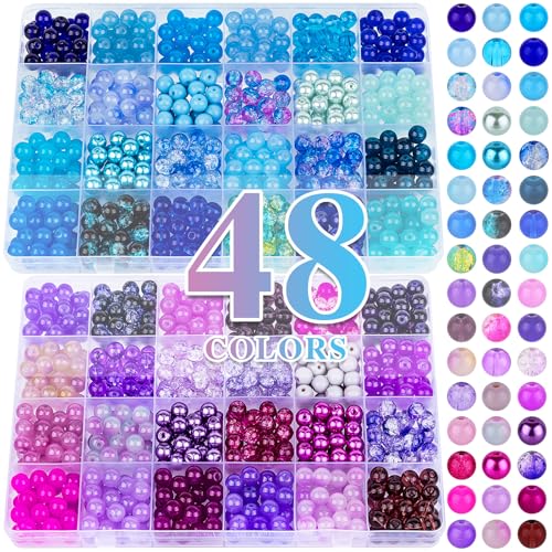 XSEINO About 1200PCS 8mm Glass Beads Bracelet Making Kit，48 Assorted Dreamy Purple and Blue Series Colorful Crystal Beads for Making and DIY Crafts - color: 2Box Purple&Blue Glass Beads