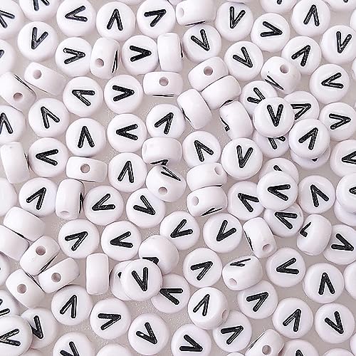 200+ Pieces 4x7mm Single V Letter Beads for Jewelry Making, White Round Acrylic Bulk Alphabet (Black on White) - size: Single letter V 200+ Pcs