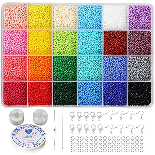 2mm Round Size Almost Uniform Seed Beads with Beading Tool, About 18000pcs in Box 24 Multicolors Assortment 12/0 Small Glass Craft Seed Beads for Earring Making - color: 24 Colors with Beading Tool