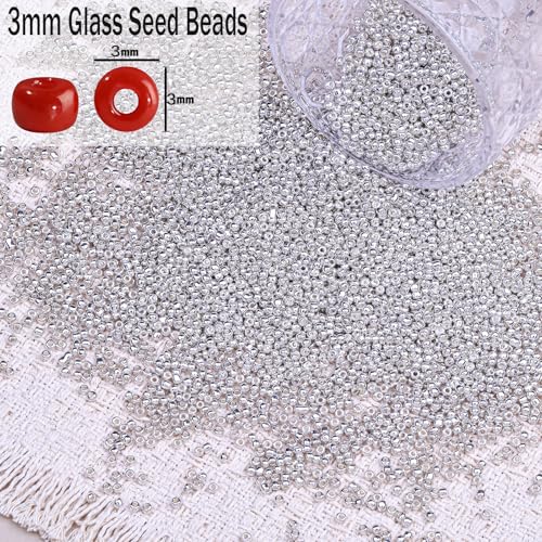 5000pcs Glass Seed Beads, 3mm 8/0 Small Individual Color Seed Beads Mini Pony Bulk for DIY Bracelet Necklaces Wrist Jewelry Making, Silver - color: Silver