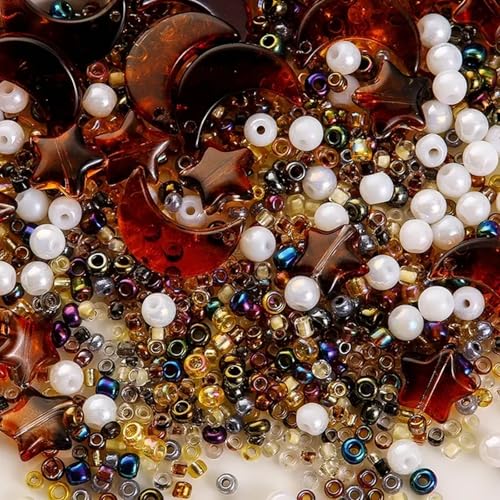 Mixed Star Moon Crystal Glass Beads Seedbeads Loose Round Pearl Beads for Jewelry Making Craft Bracelets Necklaces Earrings DIY Crafts Projects Coffee Glass Spacer Bead Kits for Crafts - color: Coffee