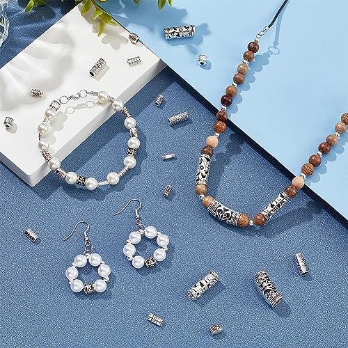 PH PandaHall 120Pcs Tibetan Silver Beads, 12 Style Large Hole Spacer Beads, Alloy Charms Assorted Column for Jewelry Making Crafts DIY