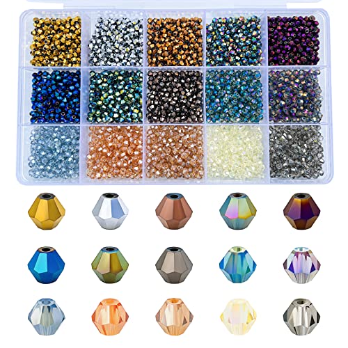 3000pcs 3mm Bicone Crystal Beads, Bulk Small Faceted Bicone Glass Beads for Jewelry Making DIY Craft Bracelet Necklace Earring with Container Box (15 Plated Metallic Colors) - size: 3mm