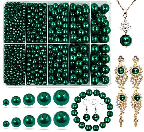 Deep Green Pearl Beads for Jewelry Making, 1750pcs Deep Green Pearl Craft Bead with Hole 4mm 6mm 8mm 10mm 12mm Loose Spacer Bead for Necklace Bracelet Wedding Dress Decor - color: Deep green
