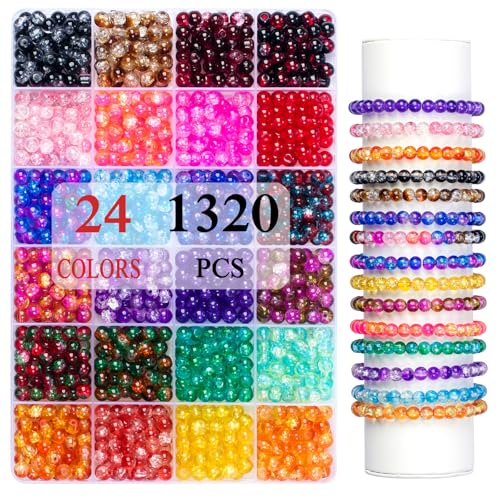 1320pcs Crackle Glass Beads Bracelet Kit, 6mm 24 Assorted Colors Round Beads for Jewelry Making, Crystal Beads for DIY Earring Necklace