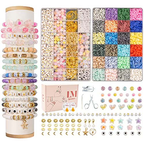Lynnmos Clay Beads 8500 Pcs 2 Boxes Bracelet Making Kit - 24 Colors Polymer Clay Beads for Bracelet Making Set - Heishi Disc Beads for Jewelry Making kit with Charms and Gift Pack for Girls - color: fashion