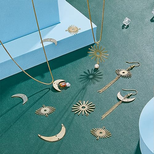 SUPERFINDINGS 16Pcs 4 Styles Moon Sun Connector Charms - Real 24K Gold Crescent Links With Double Hole - Brass Moon Sun Shaped Blank Links for DIY Earring Jewelry Making