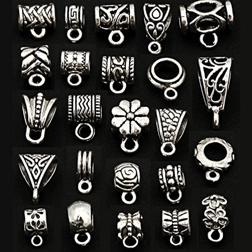 RUBYCA 96Pcs Mix Tibetan Silver Color Connectors Bails Beads fit European Charm Bracelet Pendant - color: Tibetan Silver