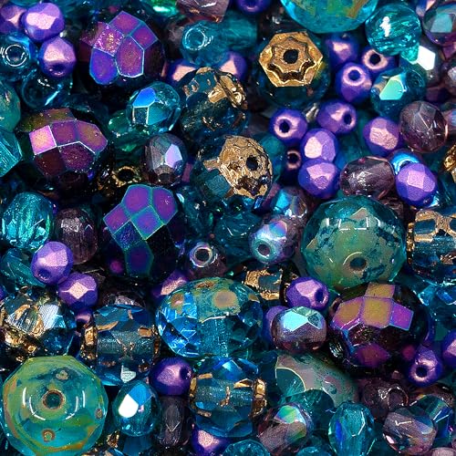 0.88oz of Blue Purple Mix of Czech Faceted Fire Polished Beads (Round, Catherdal, Rondelle) - color: Mix 04 Blue, size: 25 g