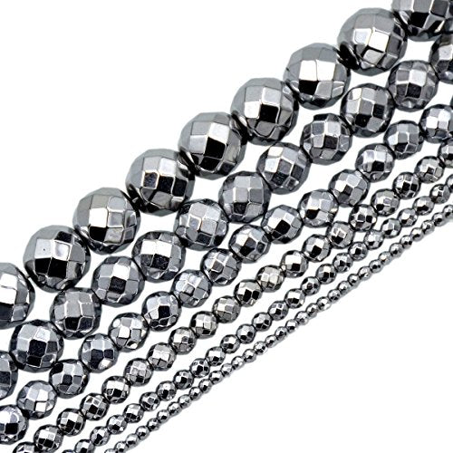 AD Beads Natural Faceted & Smooth Metallic Hematite Round Gemstone Loose Beads 16" 2mm 3mm 4mm 6mm 8mm 10mm (4mm, Metallic Silver (Faceted)) - color: Metallic Silver (Faceted), size: 4mm