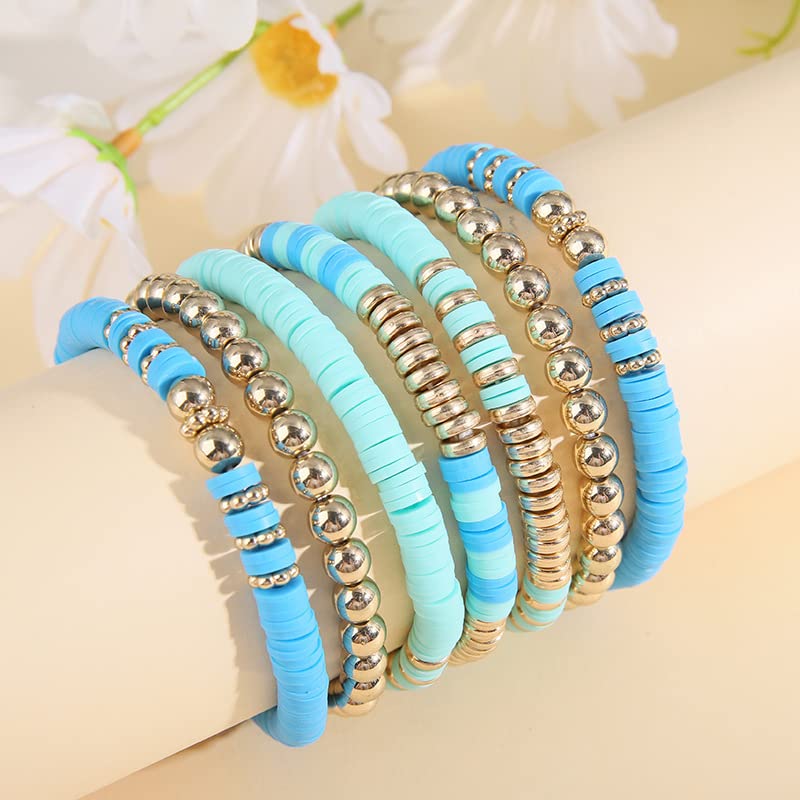Pingyongchang Heishi Gold Beaded Bracelets Set for Women Men Bohemian Polymer Clay Colorful Surfer Vinyl Disc Stretch Layering Stackable Friendship Boho Bracelet Summer Beach Jewelry Gifts - color: Blue