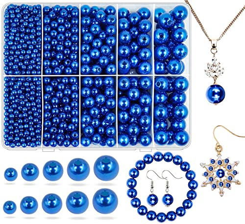 Blue Pearl Beads for Jewelry Making, 1750pcs Royal Craft Bead With Hole 4mm 6mm 8mm 10mm 12mm Loose Spacer Bead for Necklace Bracelet Earrings Ring Choker Wedding Dress Decor - color: Blue