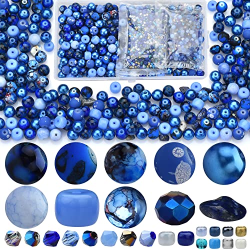 Beads for Bracelet Making Kit, Sapphire Blue Color Include 8mm Assorted Round Glass Beads, 4mm Bicone Crystal Beads, 3-4mm Seed Beads for Jewelry Making, DIY Craft - color: SAPPHIREBLUE