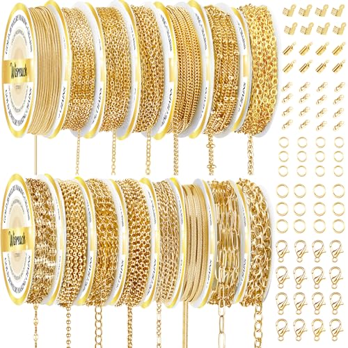 Wisreach Chains Jewelry Making Supplies Gold Chain for Making Jewelry, 111.5 Feet 15 Rolls for DIY Necklace Bracelet Findings with Jump Rings/Lobster Clasps/Connectors - color: Gold