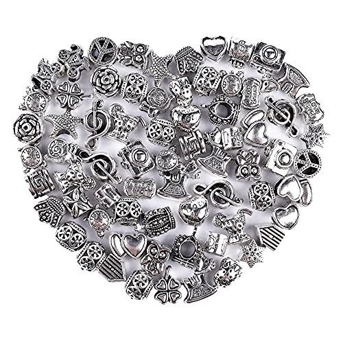60 Pieces Assorted European Beads with Plating Silver Metal Alloy Rhinestone Large Hole Spacer Beads for DIY Charm Bracelet Jewelry Making (Alloy Spacer Beads) - color: Alloy Spacer Beads