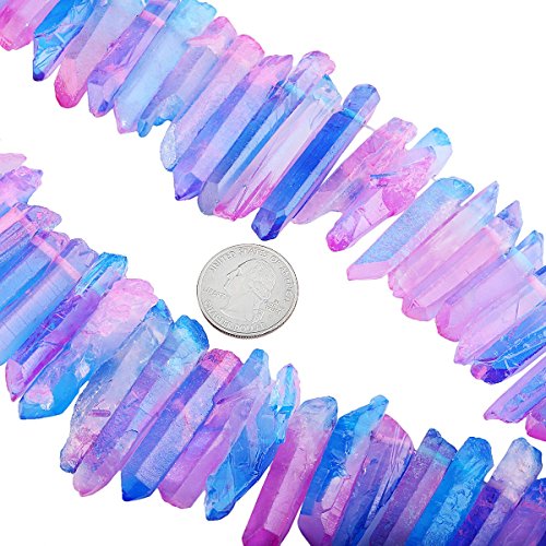 SUNYIK Hot Pink/Blue Titanium Coated Crystal Points Quartz Rough Sticks Spikes Point Beads 15 inch Strand Drilled - color: Hot Pink/Blue(Rough), size: 0.5"-1.6"
